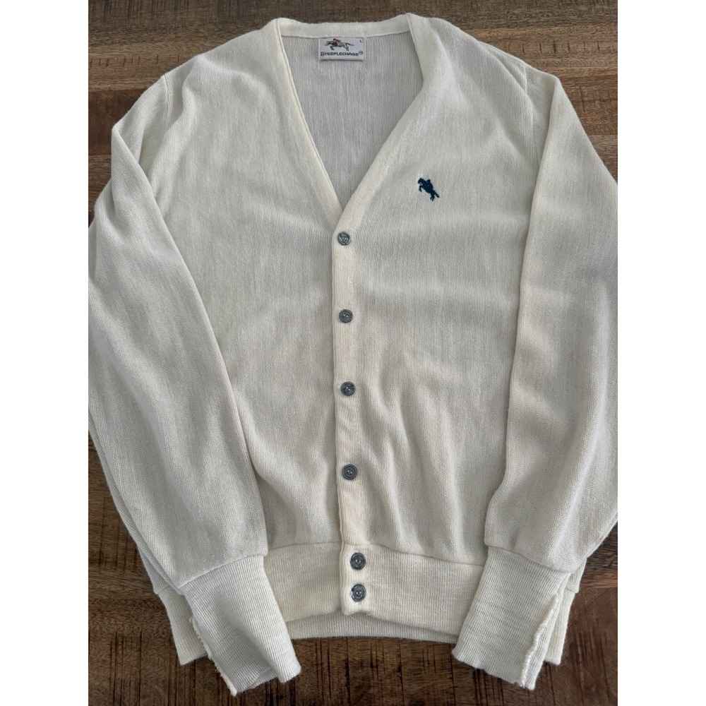 Vintage Steeplechase Cardigan Sweater Mens L Cream Horse Equestrian Preppy USA